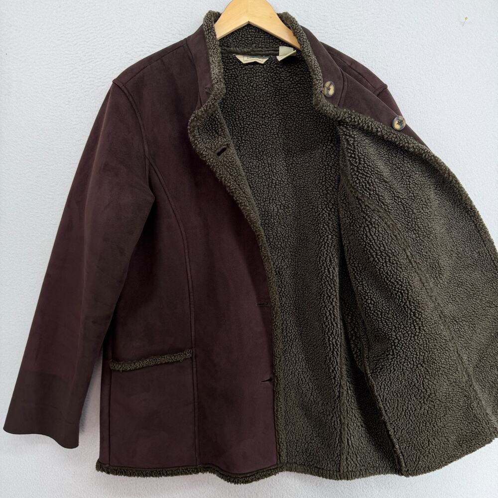 LL BEAN Jacket Womens L Faux Suede Sherpa Fleece Lined Winter Coat Brown VTG